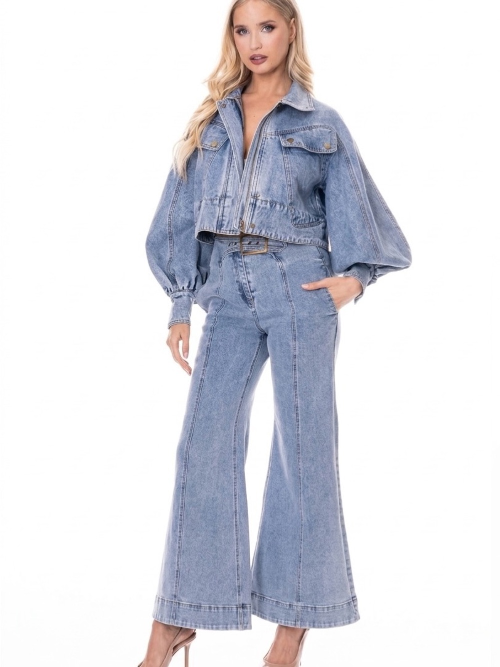 Light Blue Denim High-Waist Flared Jeans set
